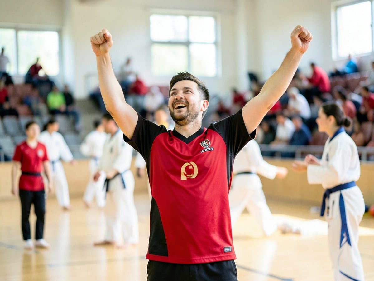 soccer player in a red and black jersey celebrates a goal, arms raised, with a blurred stadium background.