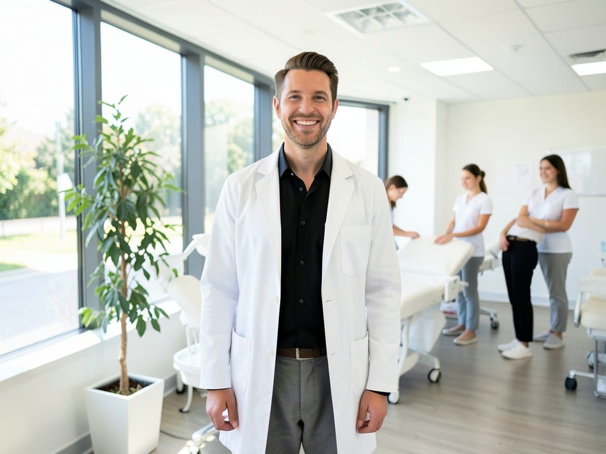 man in a white lab coat, black shirt, and gray pants smiles in a modern office with large windows and a plant.