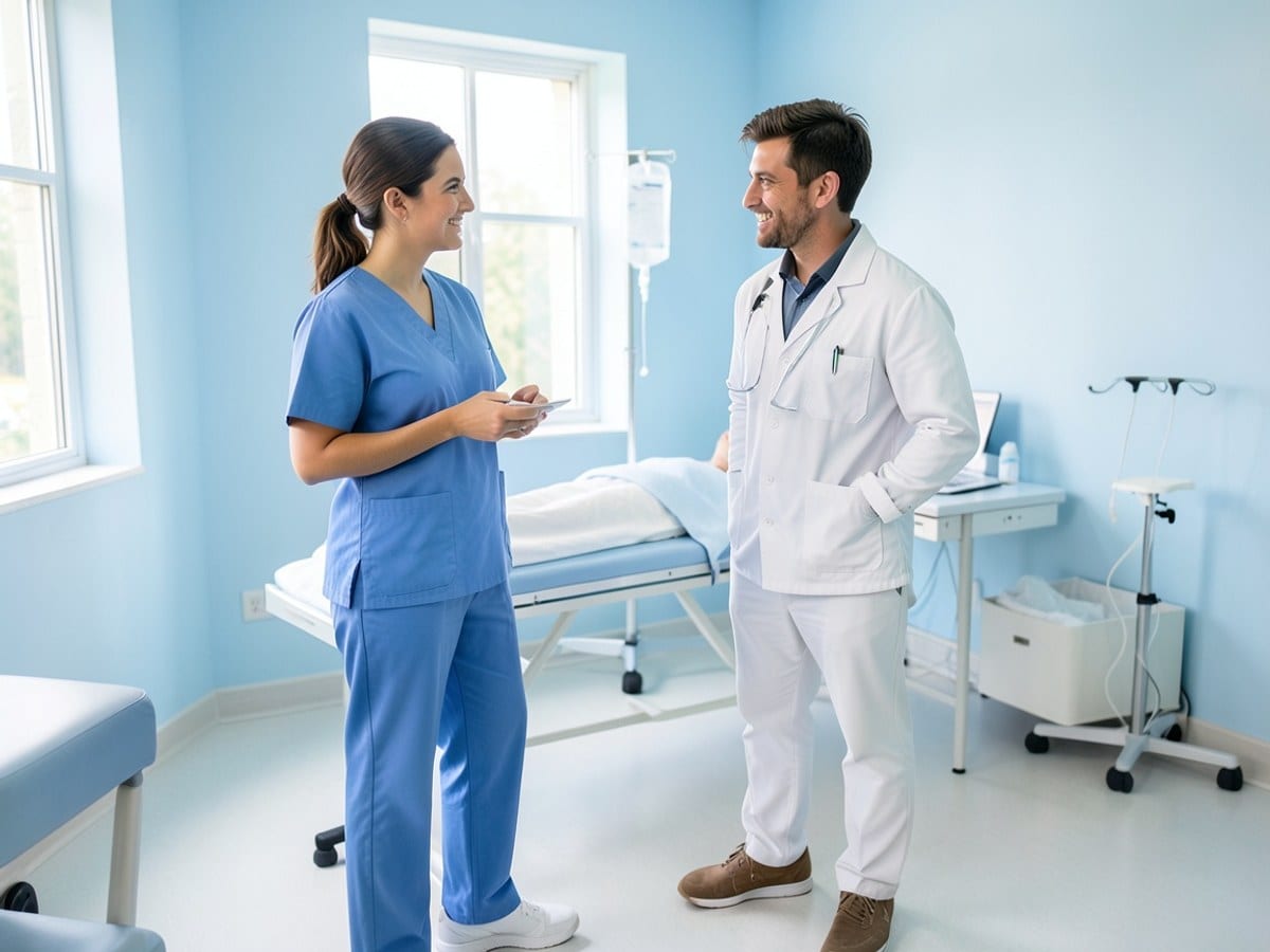 nurse in blue scrubs and a doctor in white shirts converse in a light blue room, with a patient's IV drip visible in the background.