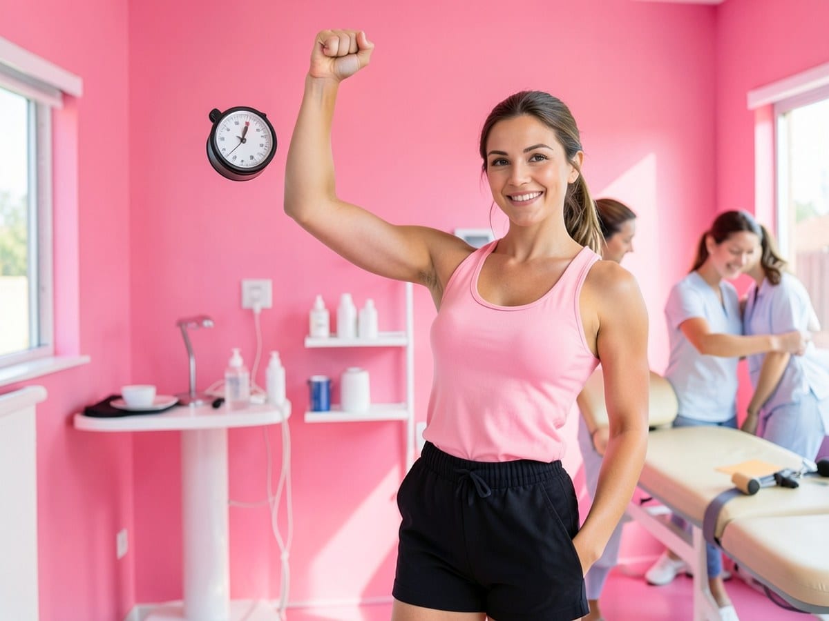 young woman in a pink tank top and black shorts triumphantly raises a fist, holding a black and white weighing scale against a vibrant pink background.