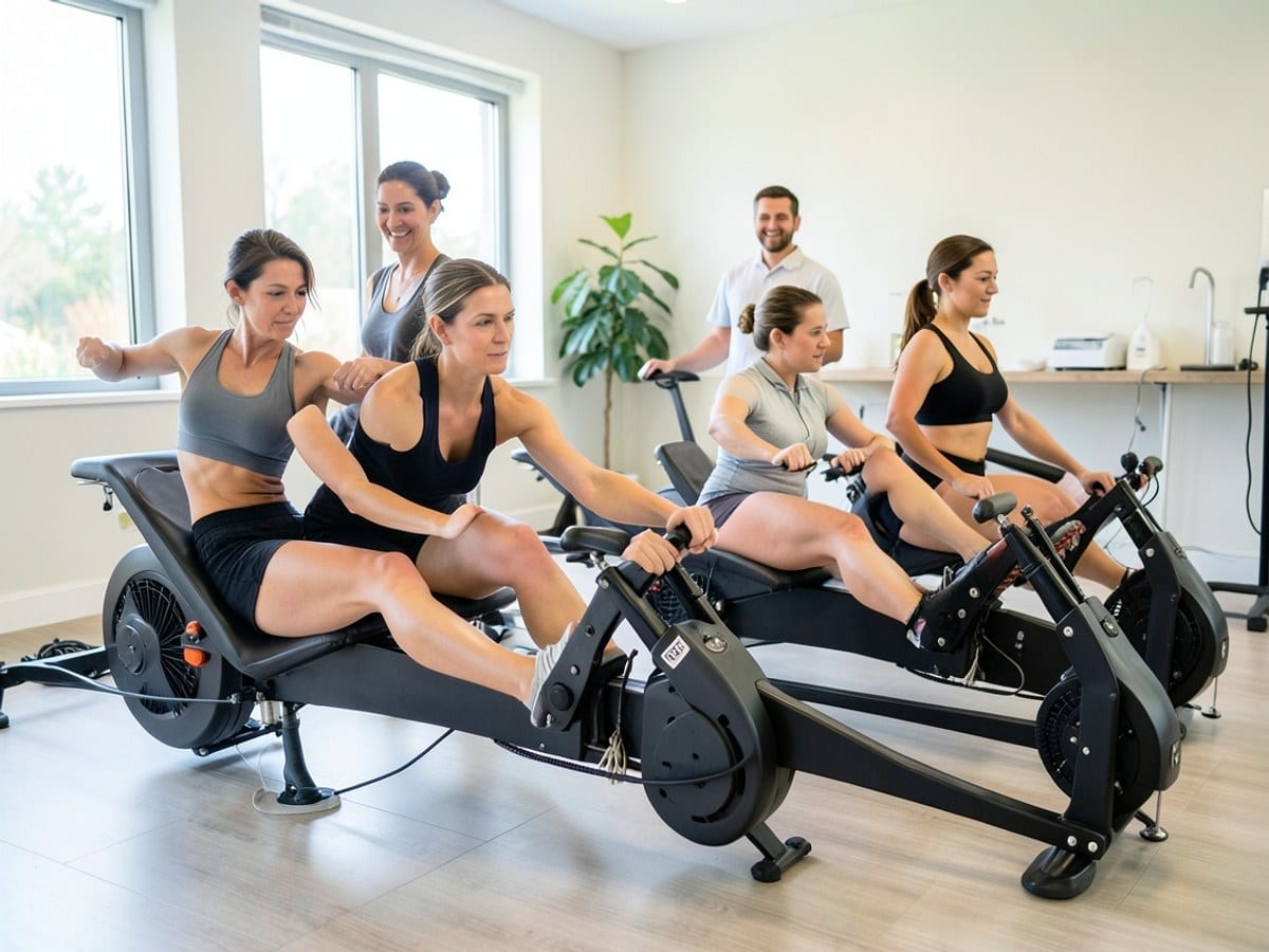 Four individuals in athletic attire use rowing machines in a gym, displaying focus and determination.