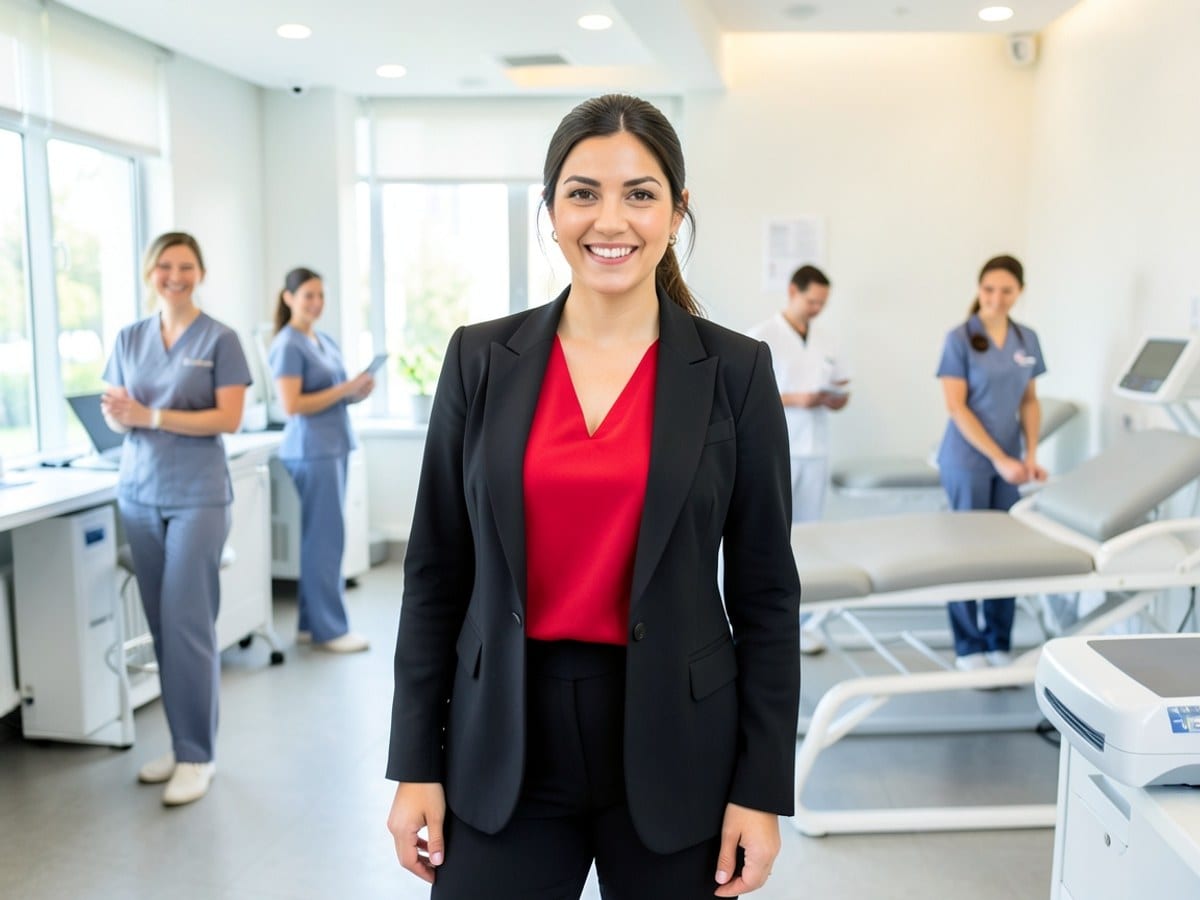 woman in a black blazer and red top stands confidently in a modern office, smiling at the camera with a polished appearance.