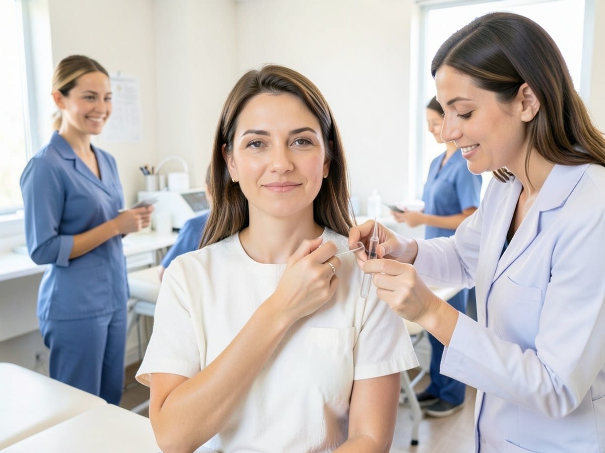 woman receives a medical injection from a professional in a clinical setting, with a test tube in hand and a calm expression.