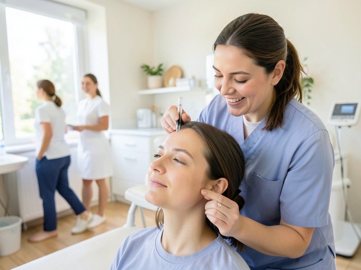 medical professional administers a procedure using a syringe and ball pen on a patient's forehead in a professional setting.