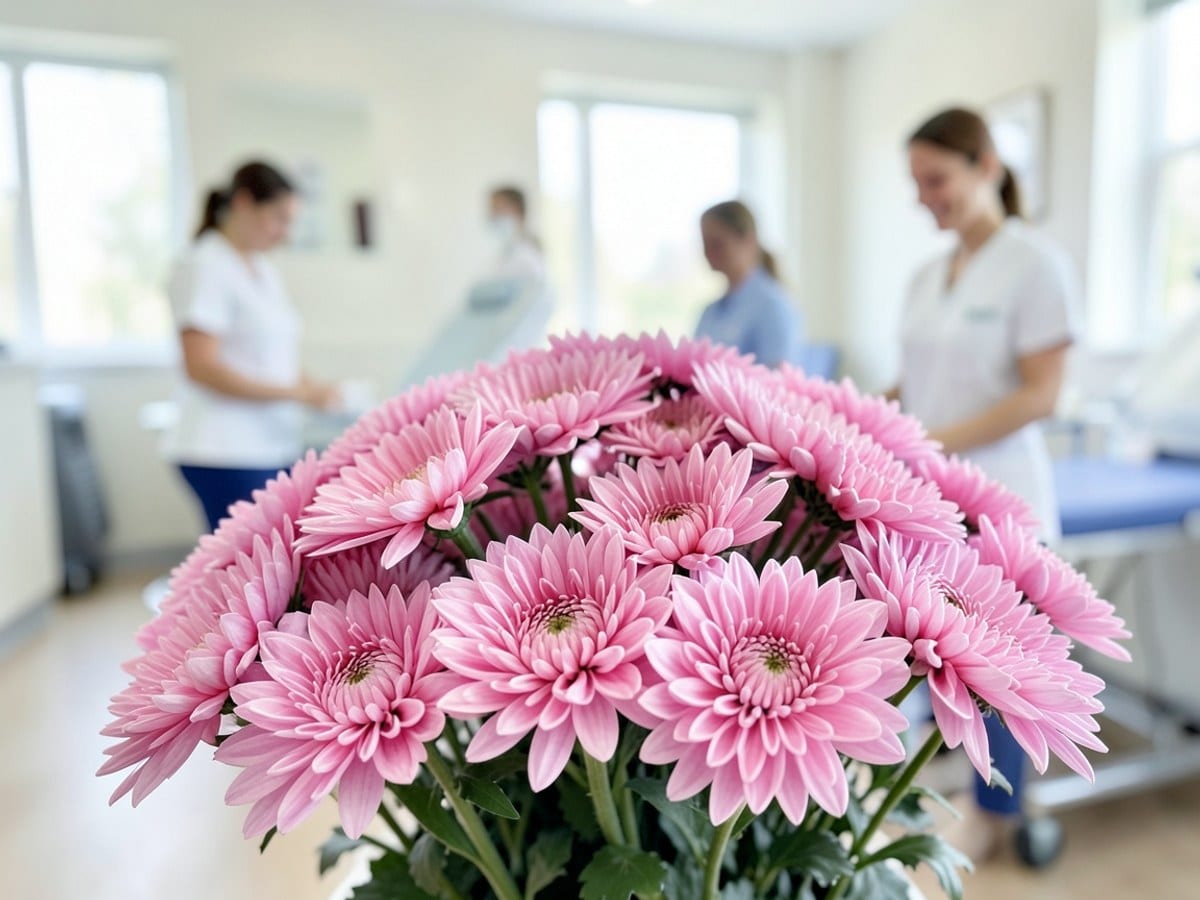 cluster of pink chrysanthemums in full bloom, with a blurred background, creates a sense of depth and dimension.