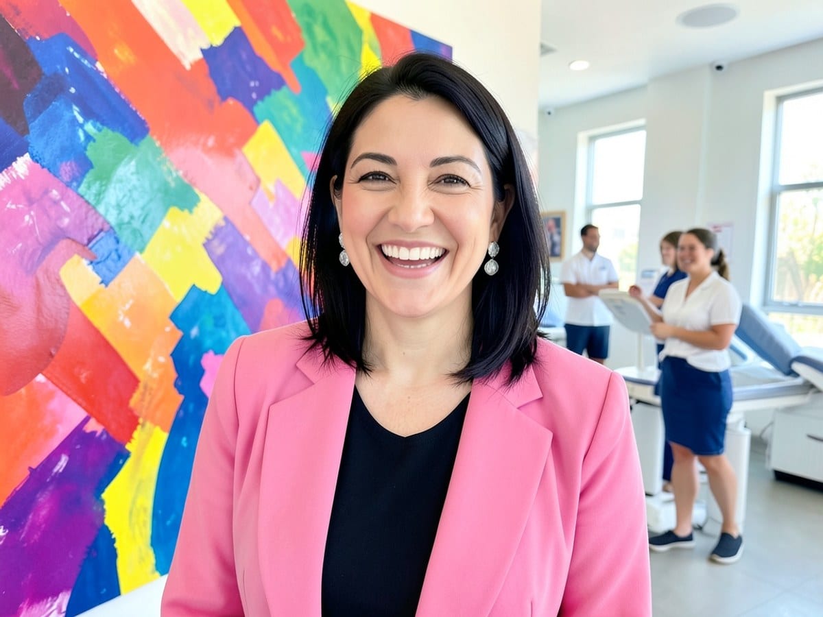 woman in a pink blazer and black top, with dark hair and silver earrings, smiles joyfully against a vibrant abstract background.