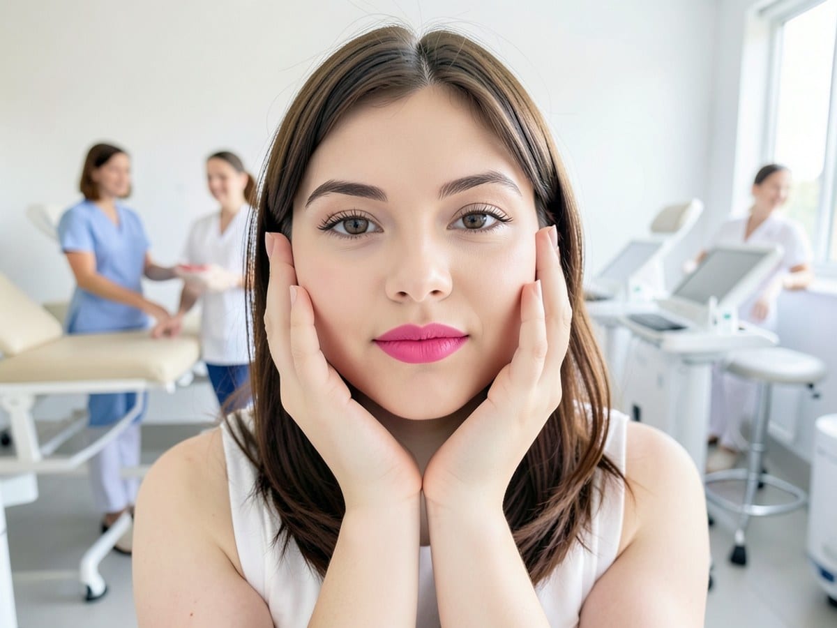 young woman with brown hair and pink lips gazes directly at the camera, hands resting on cheeks against a white background.