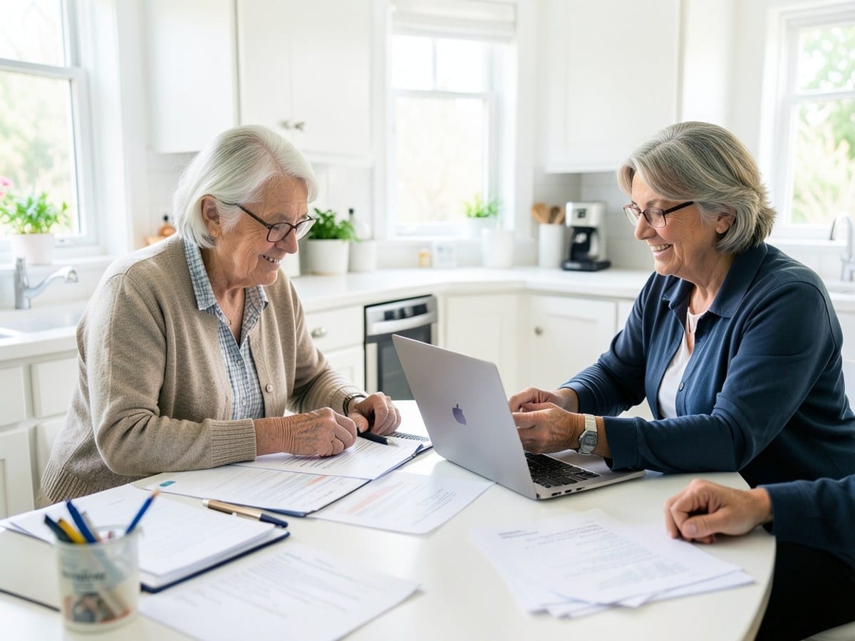 older couple, engrossed in paperwork and a laptop, collaborate in a bright white kitchen, surrounded by various items.