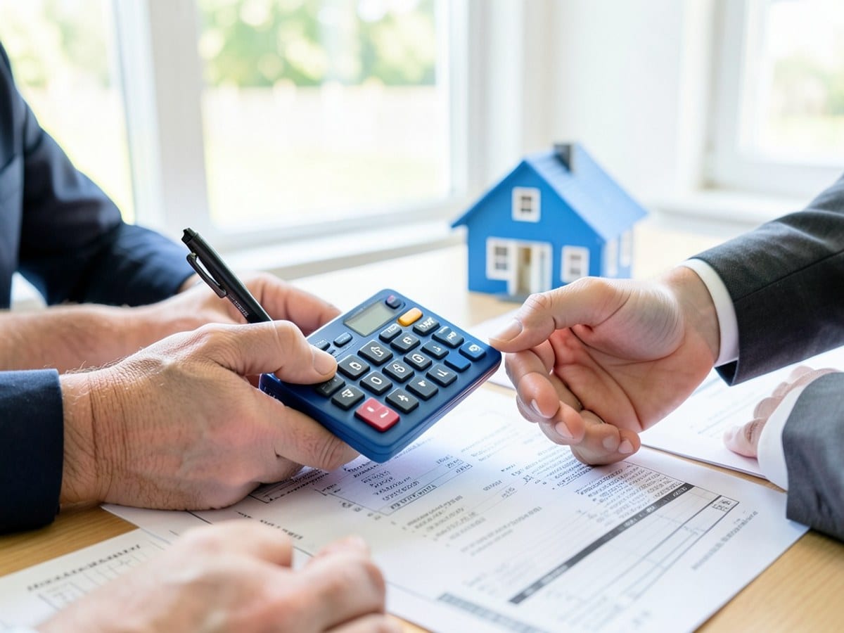 hand holds a blue calculator, engaging in a financial discussion with another hand holding a pen, with a blue house model and papers nearby.