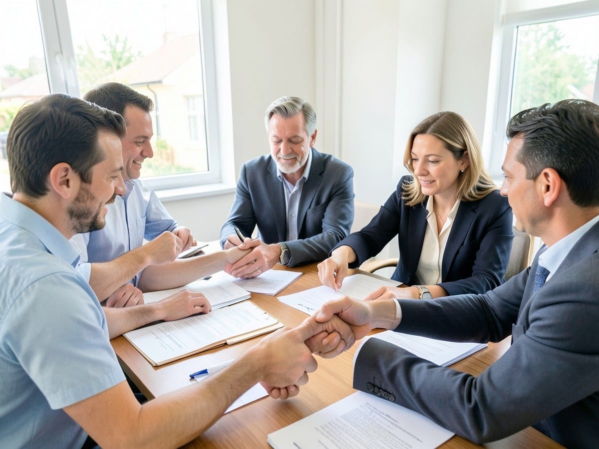 Team members preparing a meeting space