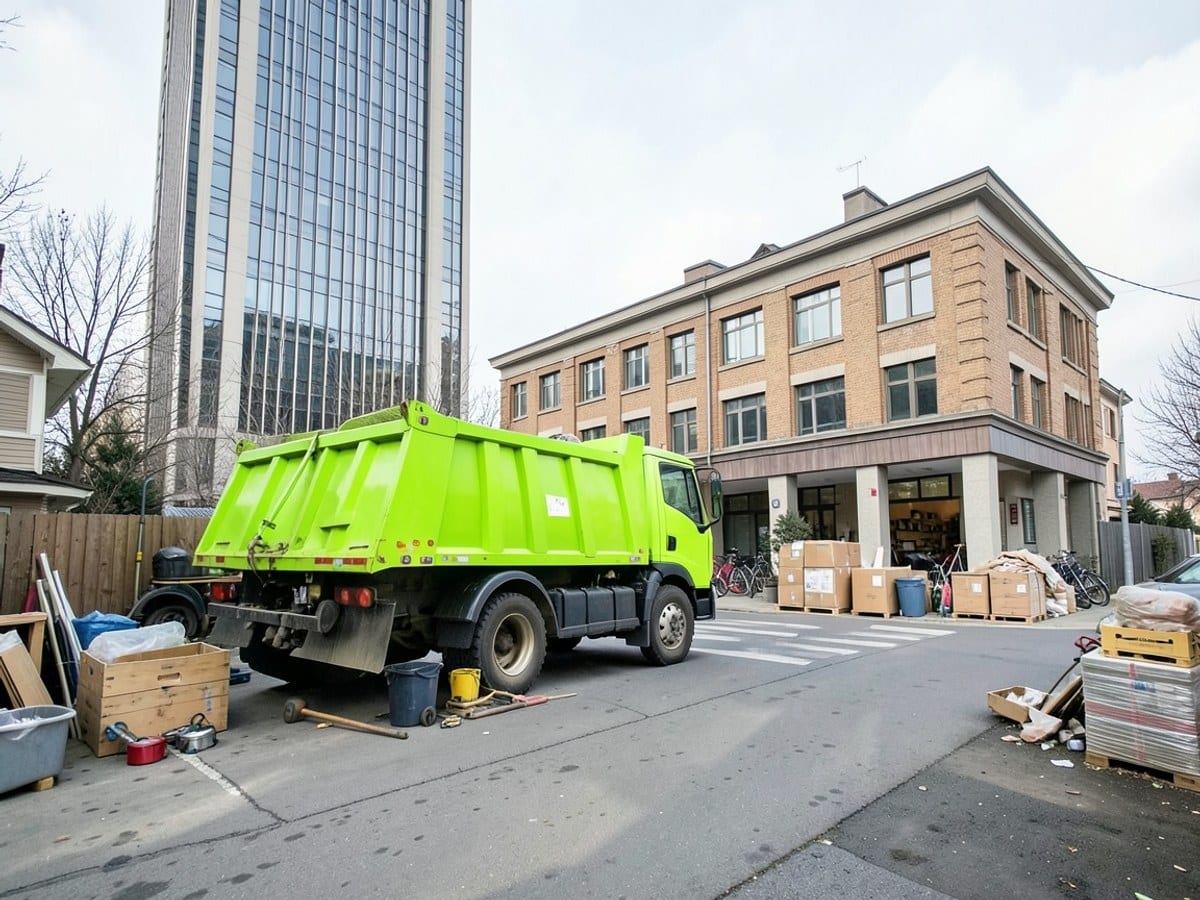 neon green dump truck moves from a tall, slender building to a shorter, wider building in a city scene.