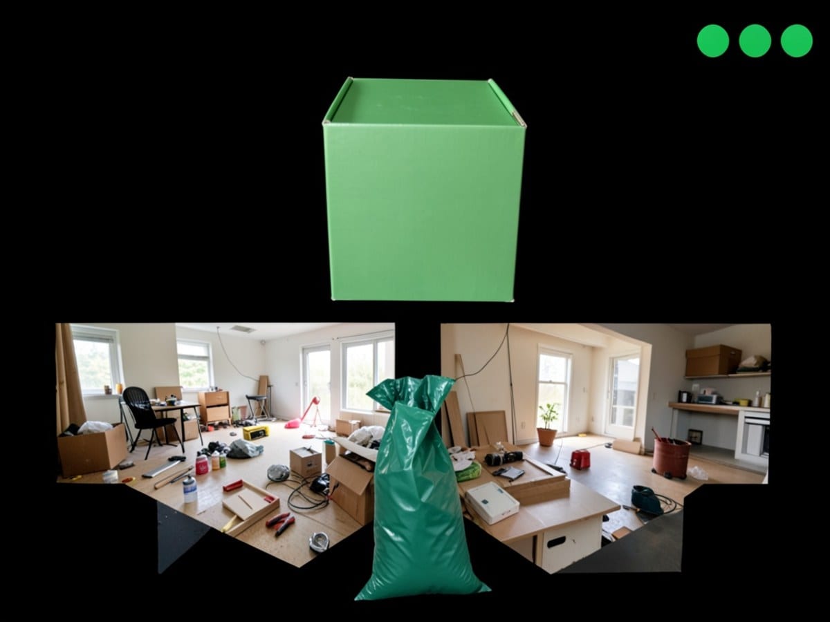 Three green boxes and a green trash bag are arranged in a triangular formation against a black background, with three green dots in the top right corner.