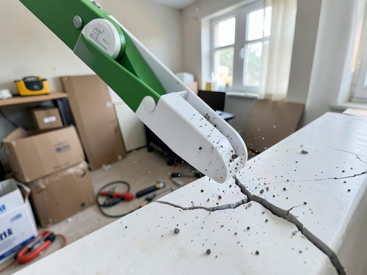 green and white 3D-rendered crane arm extends towards a cracked surface, accompanied by speckled particles.