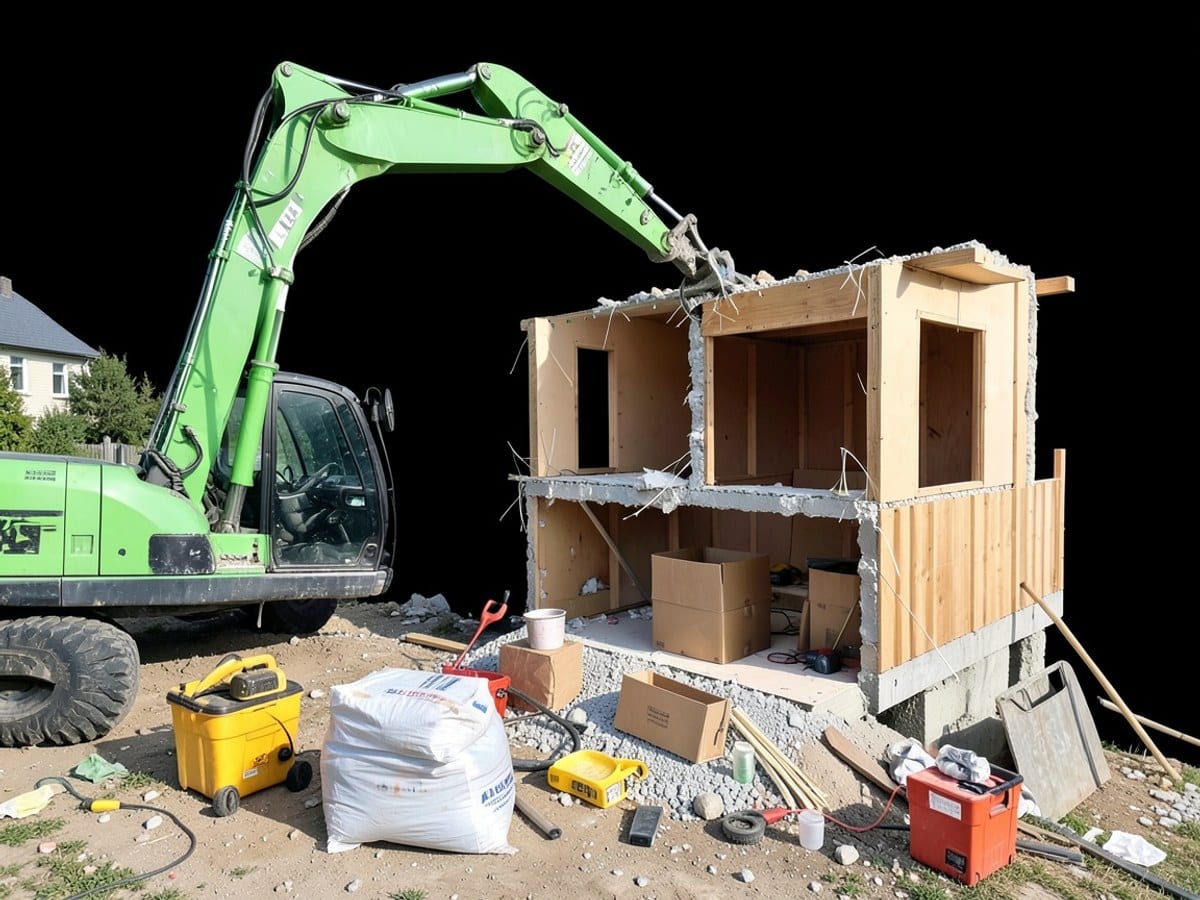 green excavator arm lifts a building section against a black background, illustrating demolition or construction work.