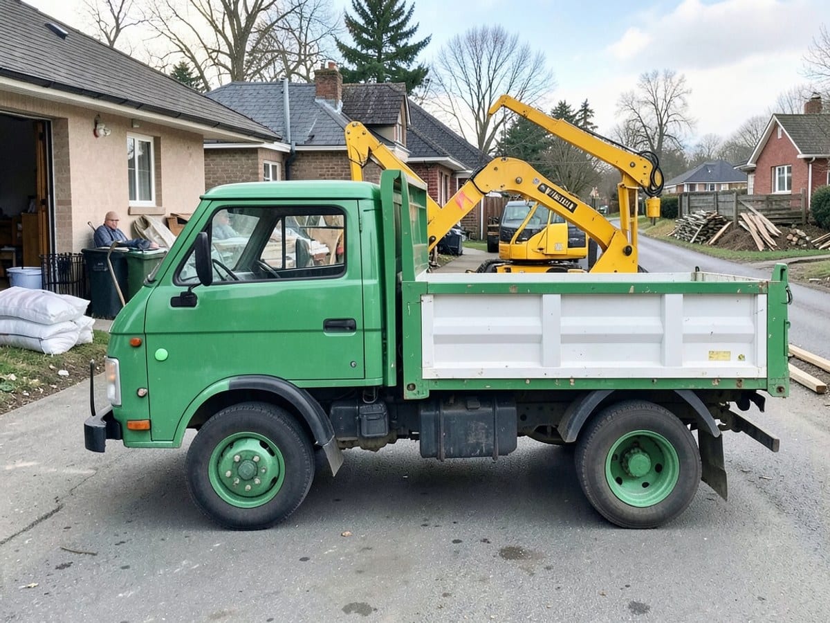 green dump truck with a white striped bed, yellow crane, and green wheels is depicted in a side view, with three green dots at the front.