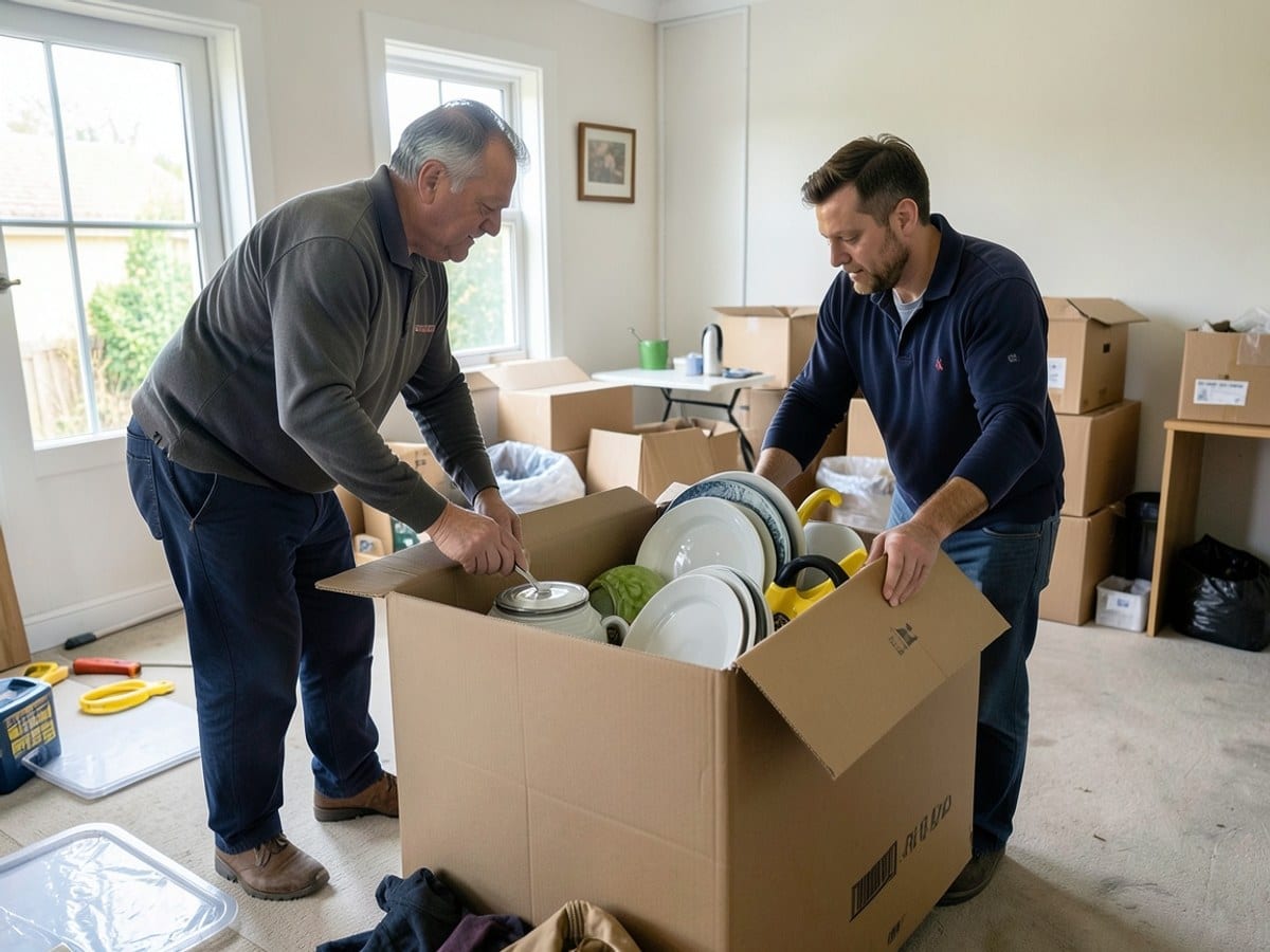 Crew packing dishes into a household box