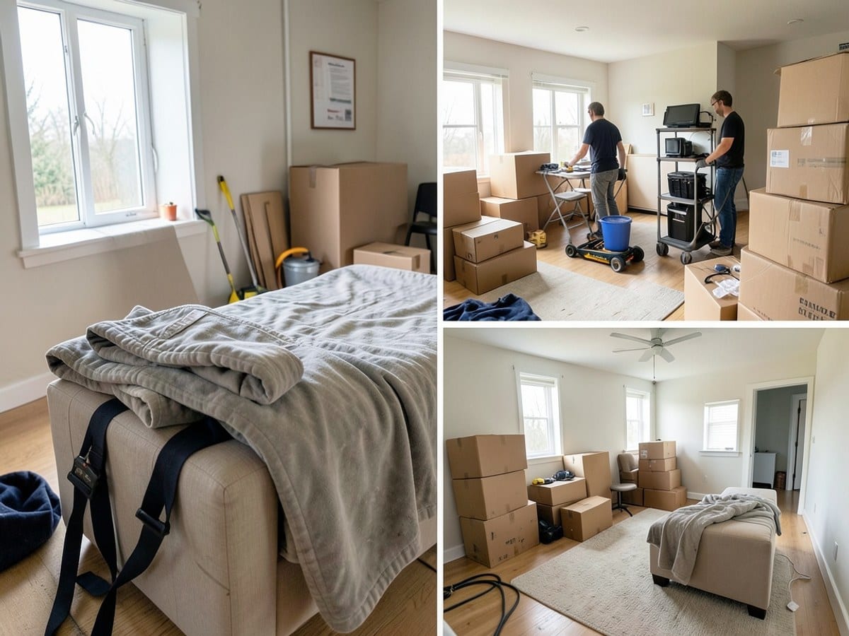 Moving blankets and straps beside furniture