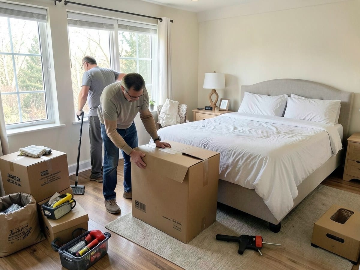 Movers unloading boxes into a bedroom