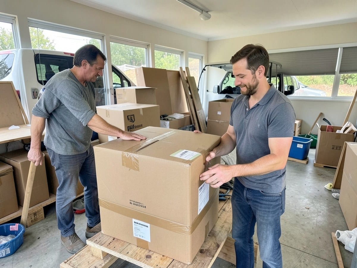 Mover taping and labeling a box