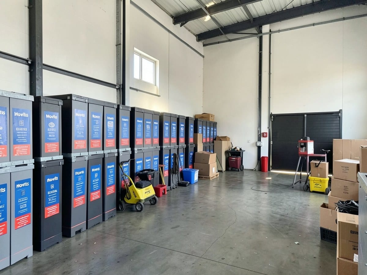 well-lit warehouse interior houses stacked Movits storage units with blue and red labels, arranged in rows against a white wall and black door.
