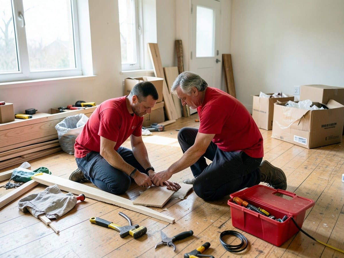 Two men in red shirts work on a wooden floor, assembling or repairing something, with tools and a red toolbox nearby.