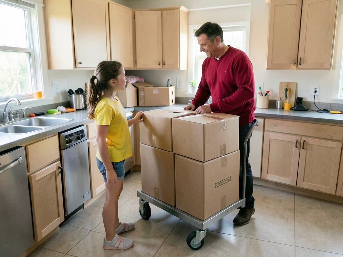 young girl in yellow converses with a man in red who is pushing a cart with three cardboard boxes in a kitchen.