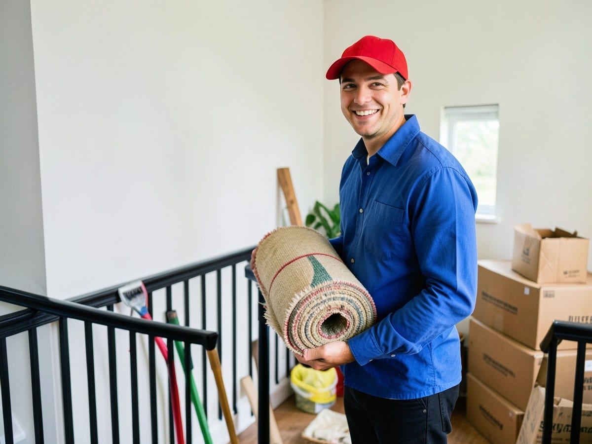 young man in a blue shirt and red cap smiles while carrying a rolled-up rug, ready to add a vibrant touch to his room against a white wall and black railing.