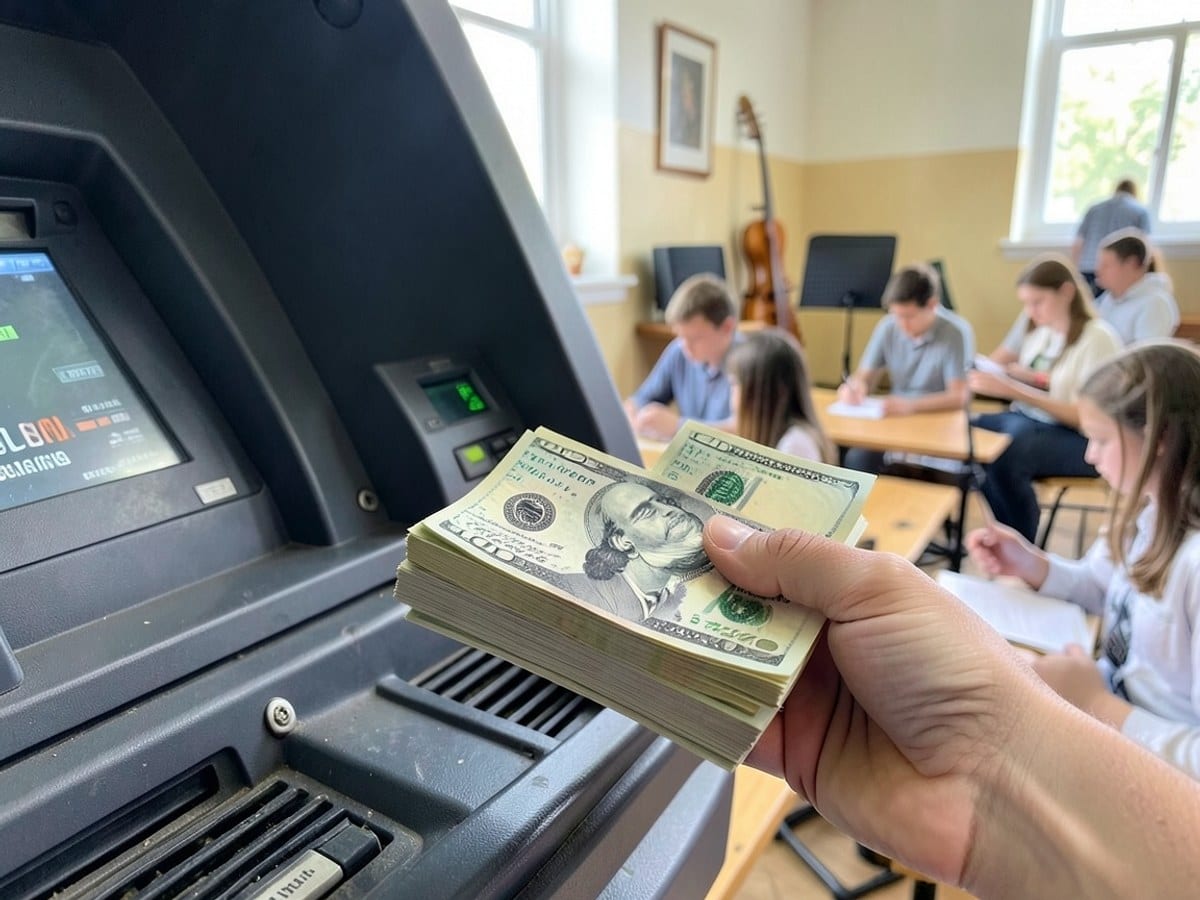 hand holds a stack of US dollar bills at an ATM machine, with a news headline about financial challenges.
