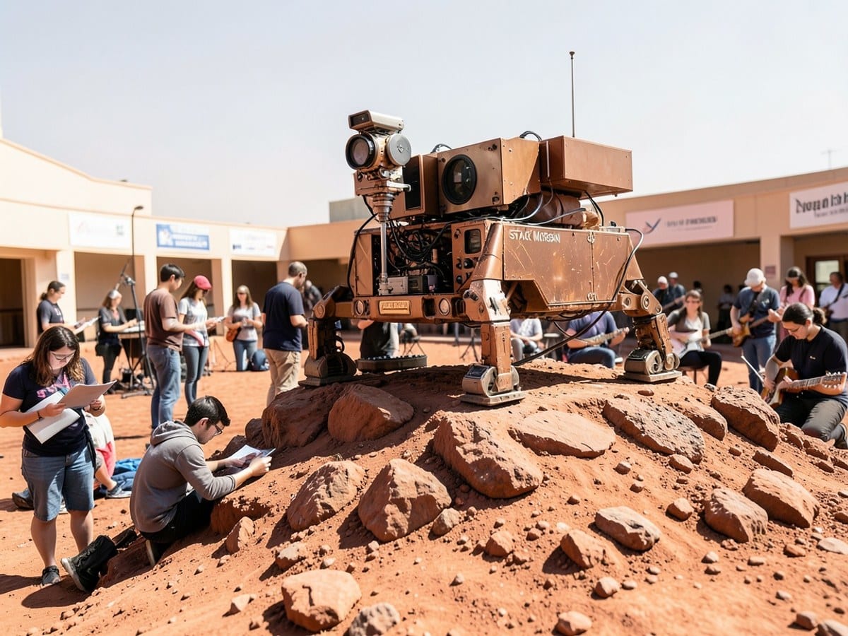Mars rover STACK MORGAN, equipped with a camera and drill, stands on a rocky outcropping, conducting research on the Martian surface as part of its mission by NASA/JPL-Caltech/MSSS.