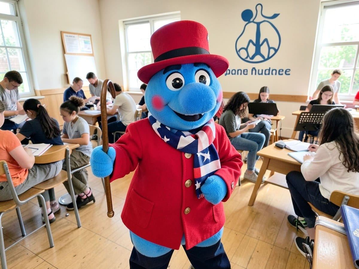 blue bird character from Muppets, dressed in a red coat and top hat, holds a cane and wears a patriotic scarf, with the client's branding in the background.