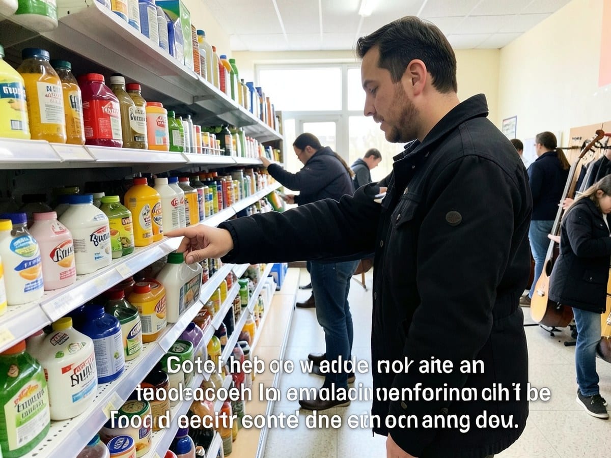 person in a black jacket reaches for yogurt in a well-stocked grocery store aisle, with a caption about food security concerns.