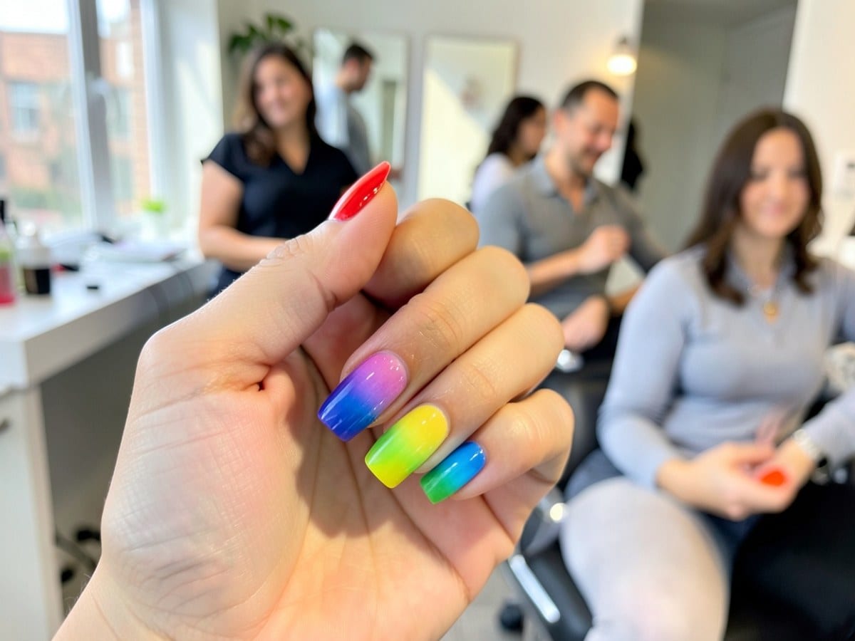hand with painted nails featuring a rainbow gradient design, transitioning from red to purple, blue, green, and yellow.