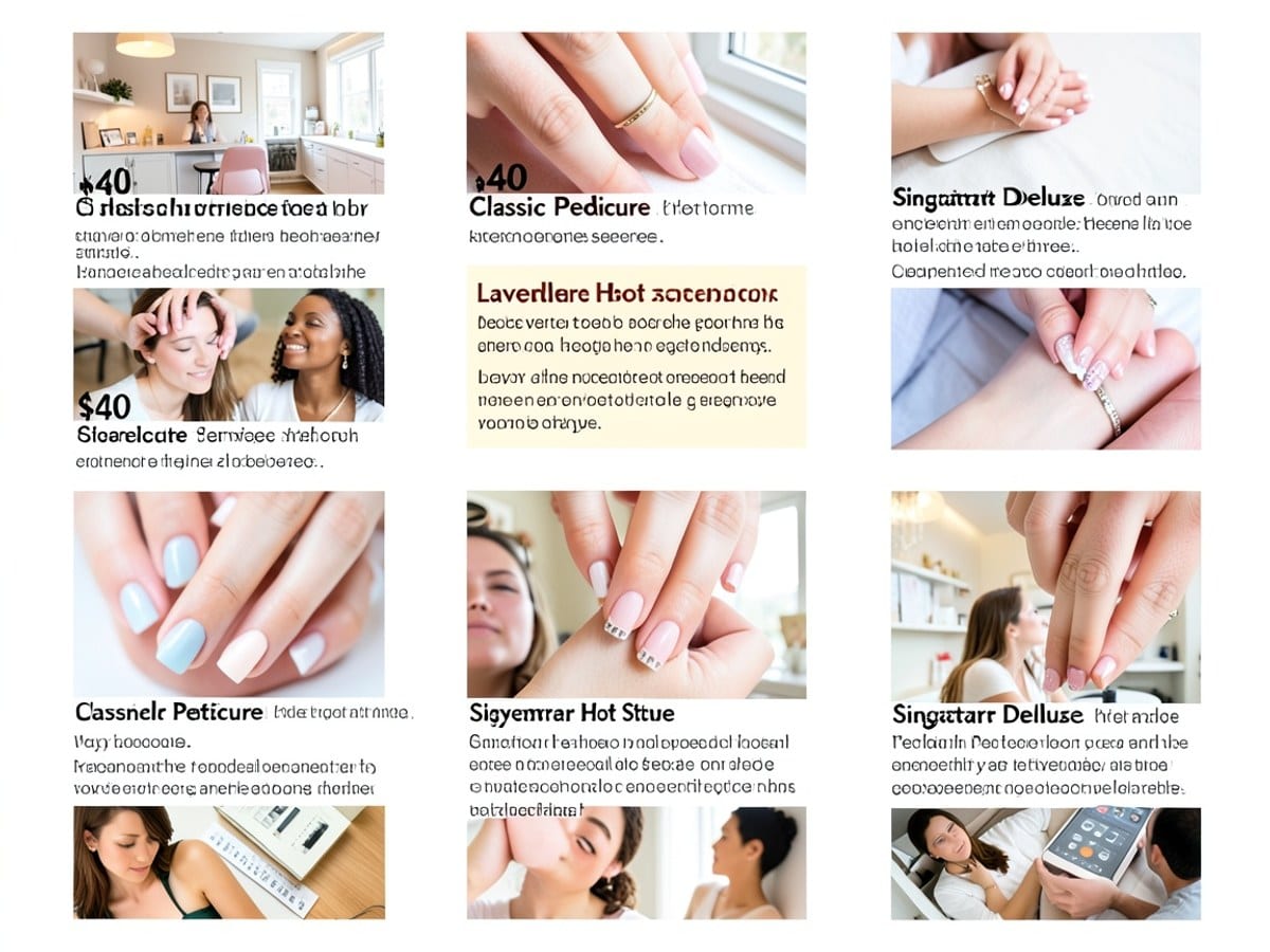 nail salon menu features six distinct pedicure services, priced at $40, with options like Classic Pedicure, Lavender Hot Stone, and Signature Deluxe, along with their corresponding descriptions.