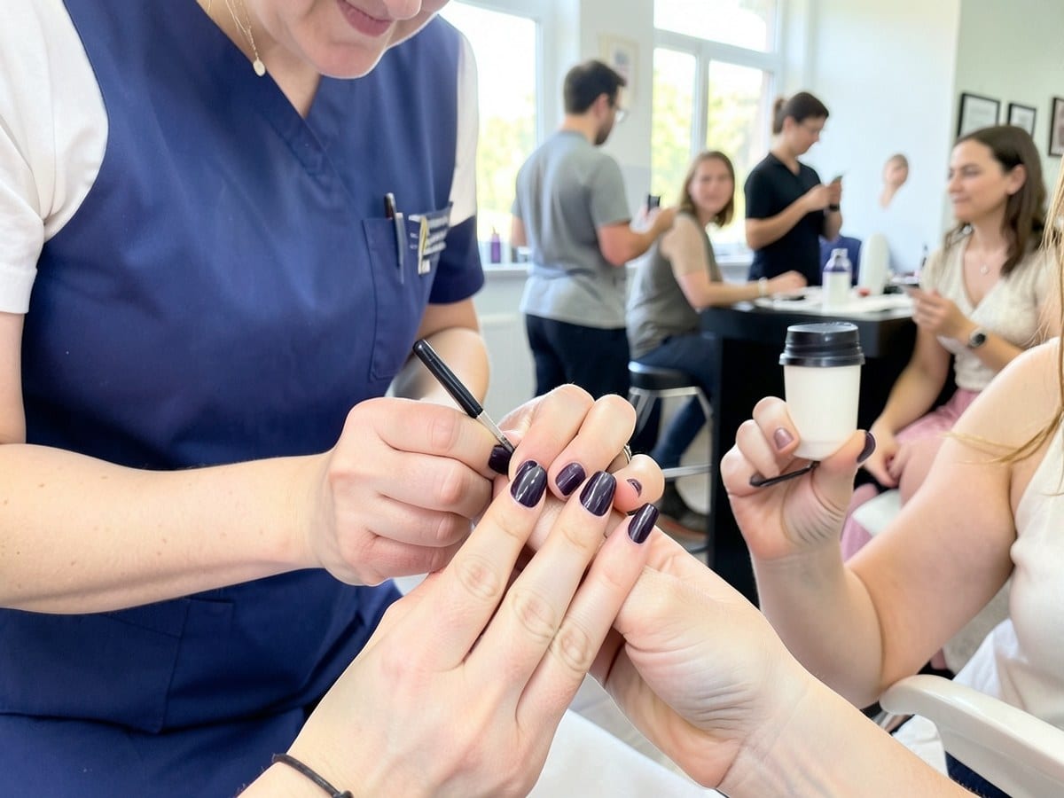 nail salon worker applies dark purple nail polish to a client's fingernails in a professional setting.
