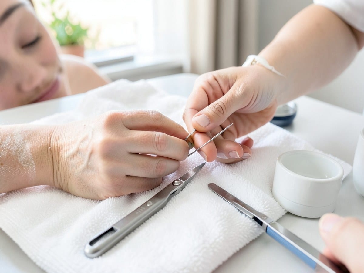 person's hand receives a nail trim while resting on a white towel, with nail clippers, nail file, and white cup nearby.