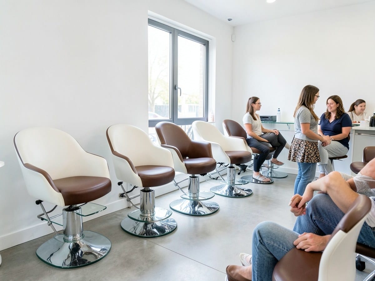 modern nail salon features 12 white and brown pedicure chairs with glass baseboards, neatly arranged in a row with a white wall and window backdrop.