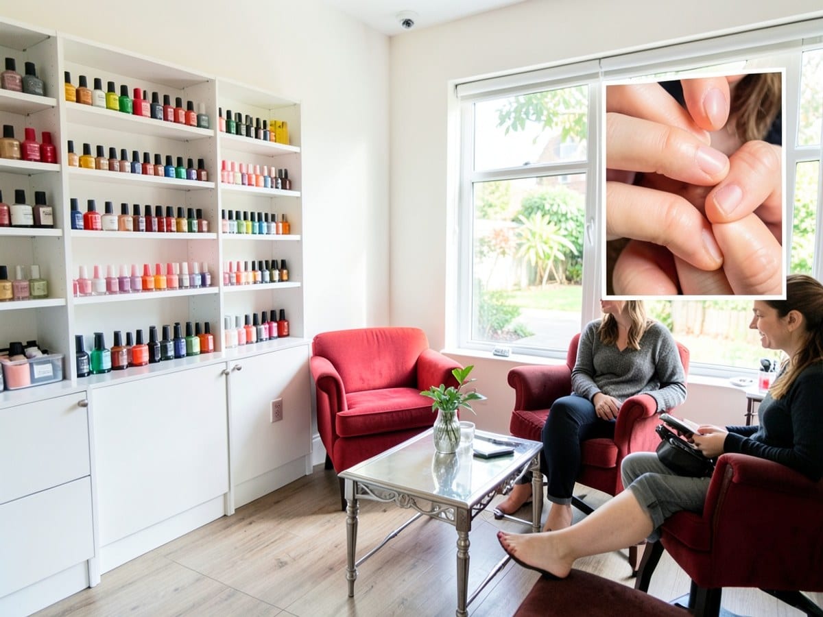 nail salon features white shelves with colorful nail polish bottles, a silver coffee table, a red armchair, and a large window providing natural light.