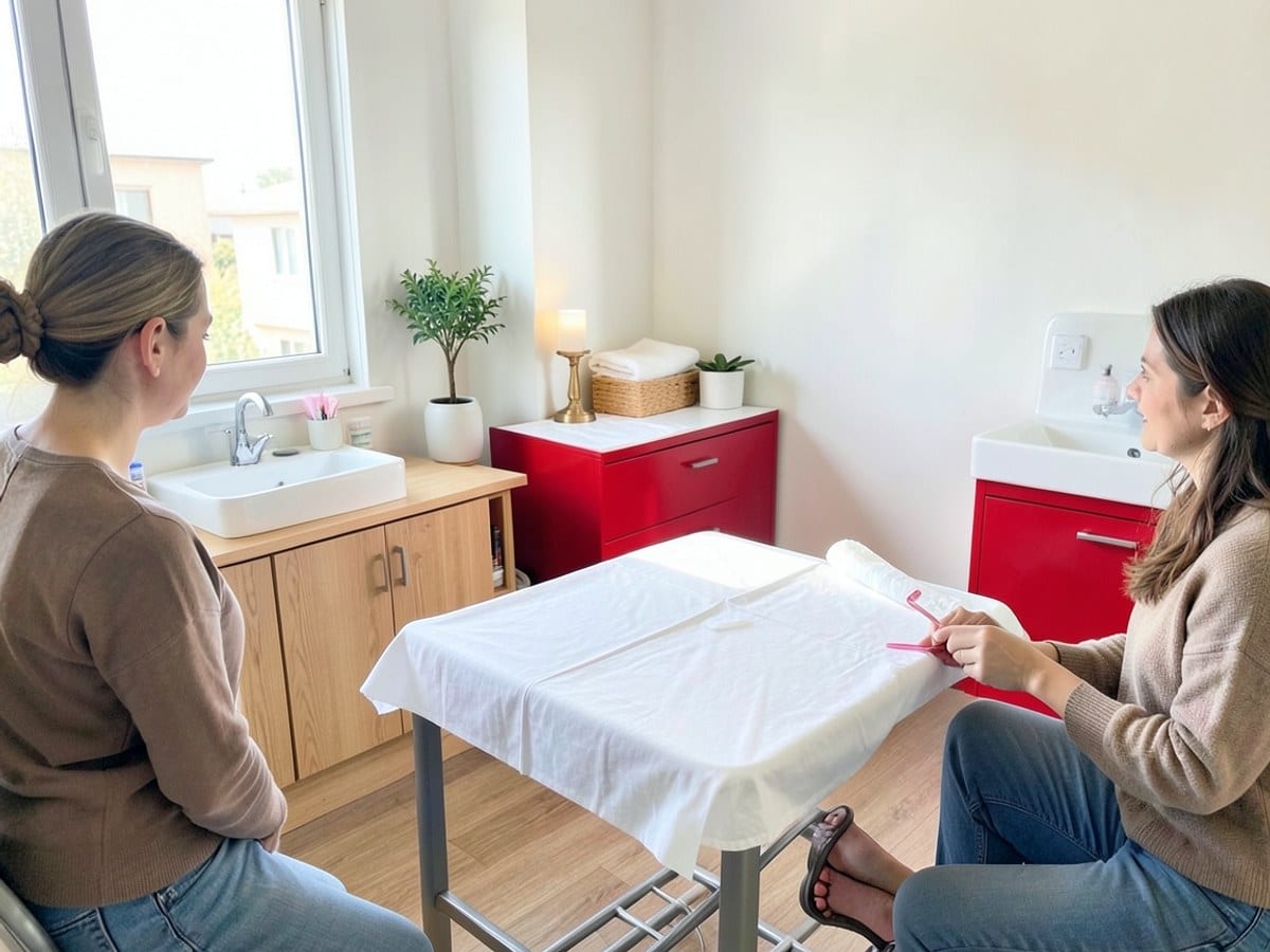 medical examination room features a wooden cabinet, table, and red cabinet, with a white sheet on the table and a sink for hygiene.