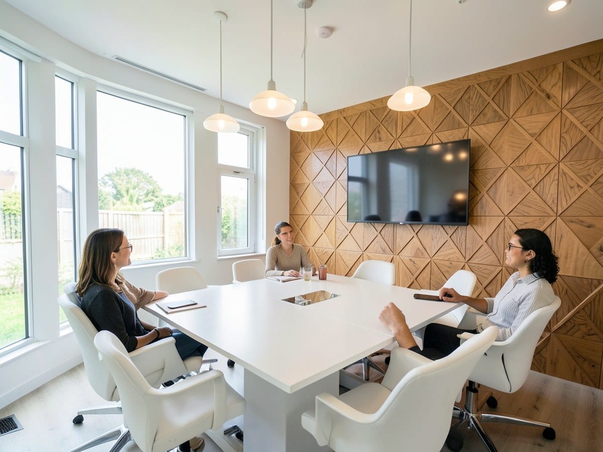 modern conference room features a large U-shaped table with white chairs, a flat-screen TV, pendant lights, and a wooden wall with a geometric pattern.