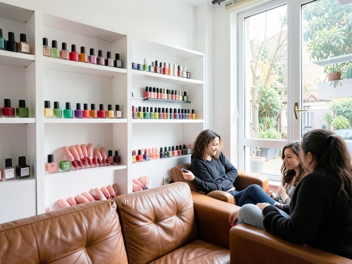 modern nail salon features white shelves with colorful nail polish bottles, complemented by brown leather couches and a large window providing natural light.