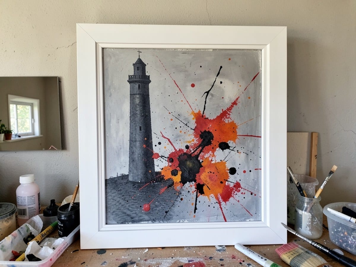 abstract painting in a white frame features gray, red, orange, and black splatters, with a tall, dark gray tower on the left side.