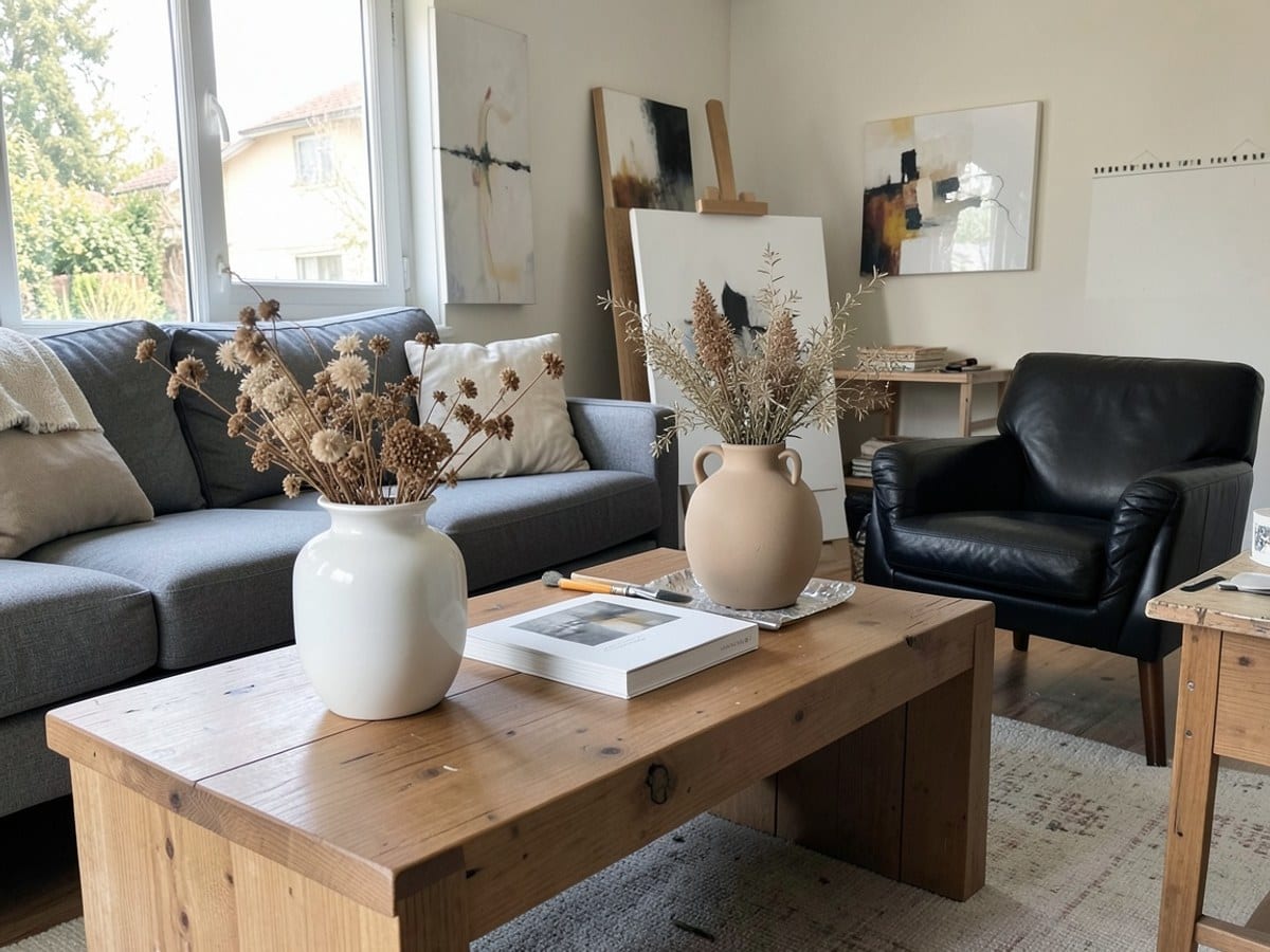 modern living room features a wooden coffee table, white vase with dried flowers, white book, and beige vase with a large abstract painting, complemented by a gray sofa, black armchair, and white ru