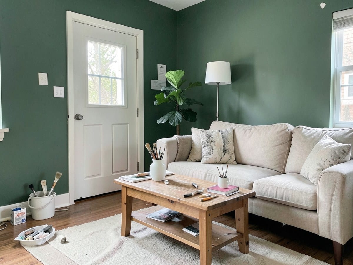 cozy living room features a green wall, white door, beige couch, wooden coffee table, and floor lamp, with a plant and white vase adding to the serene atmosphere.