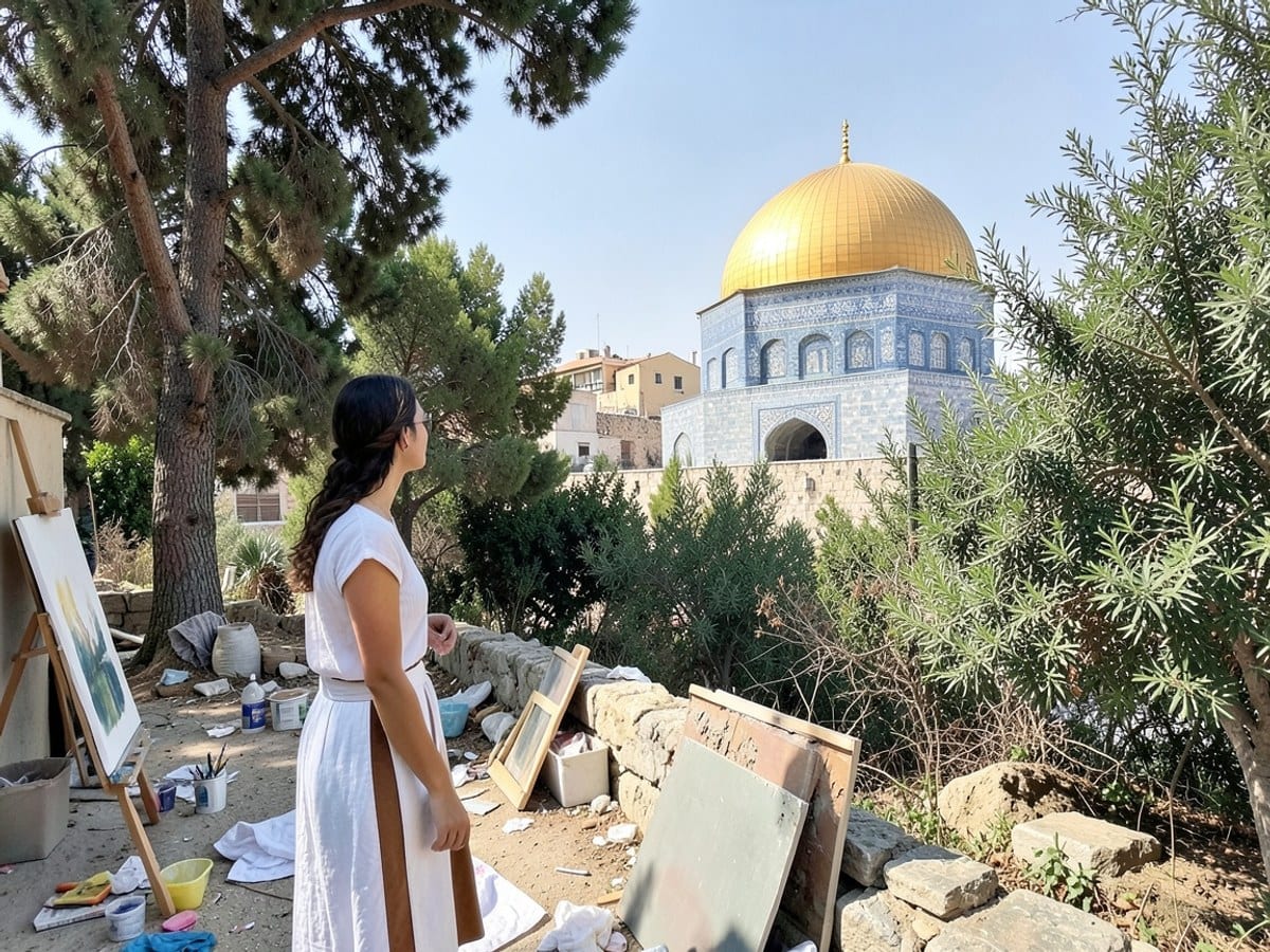 young woman, dressed in white and brown, stands in front of the Dome of the Rock in Jerusalem, gazing towards the temple amidst trees and bushes.