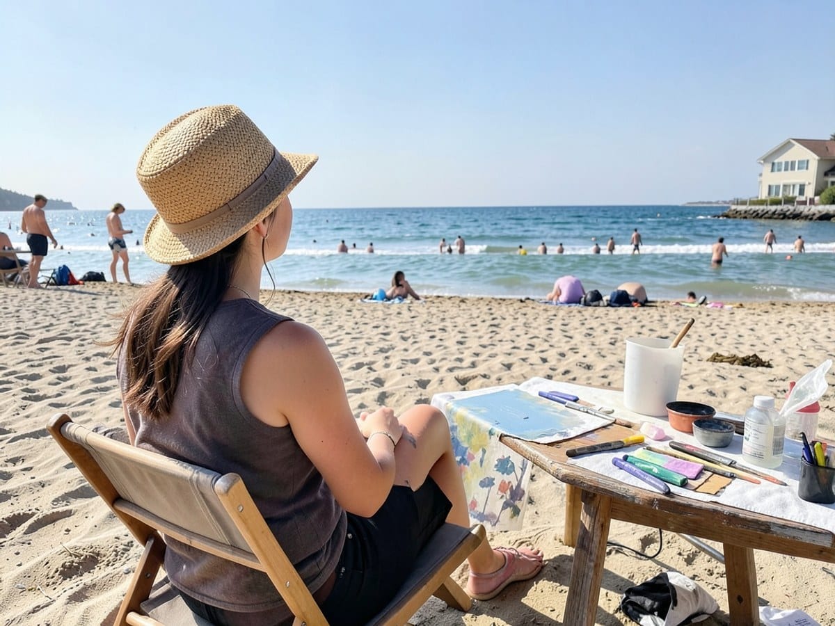 young woman in a straw hat sits on a beach chair, gazing at the horizon with the ocean, sun, and beachgoers in the background.