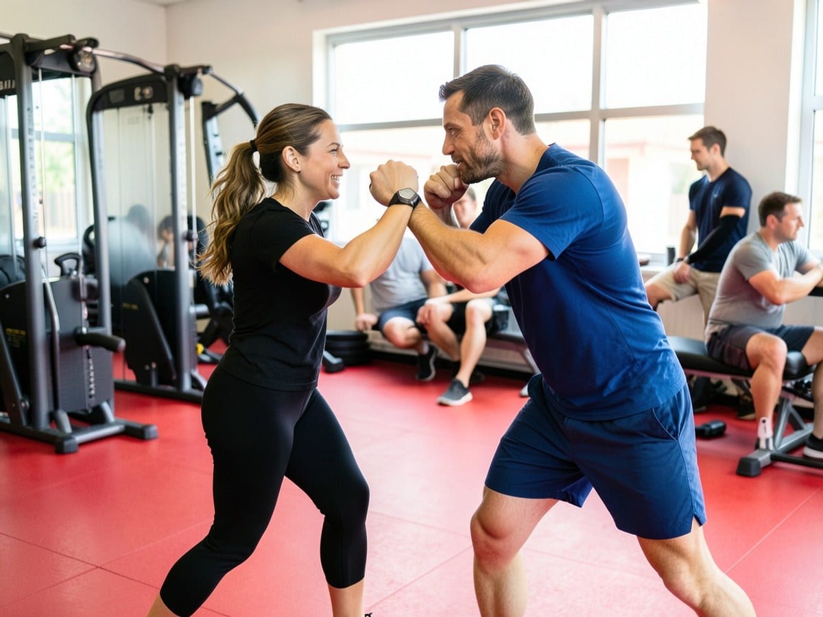woman in black and a man in blue engage in a playful punching match in a red gym, with exercise equipment in the background.