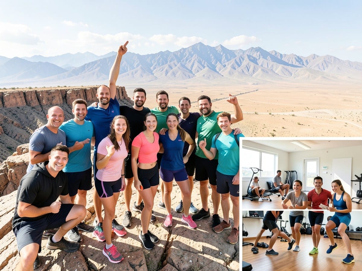 group of 12 people in athletic clothing celebrate on a rocky cliff overlooking a vast desert landscape, with majestic mountains in the distance.