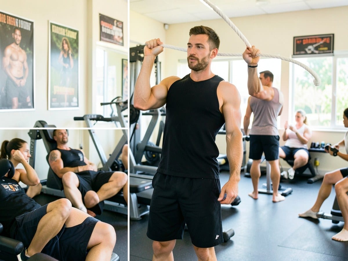 man in a black tank top and shorts lifts a white rope in a gym, surrounded by exercise equipment and posters.