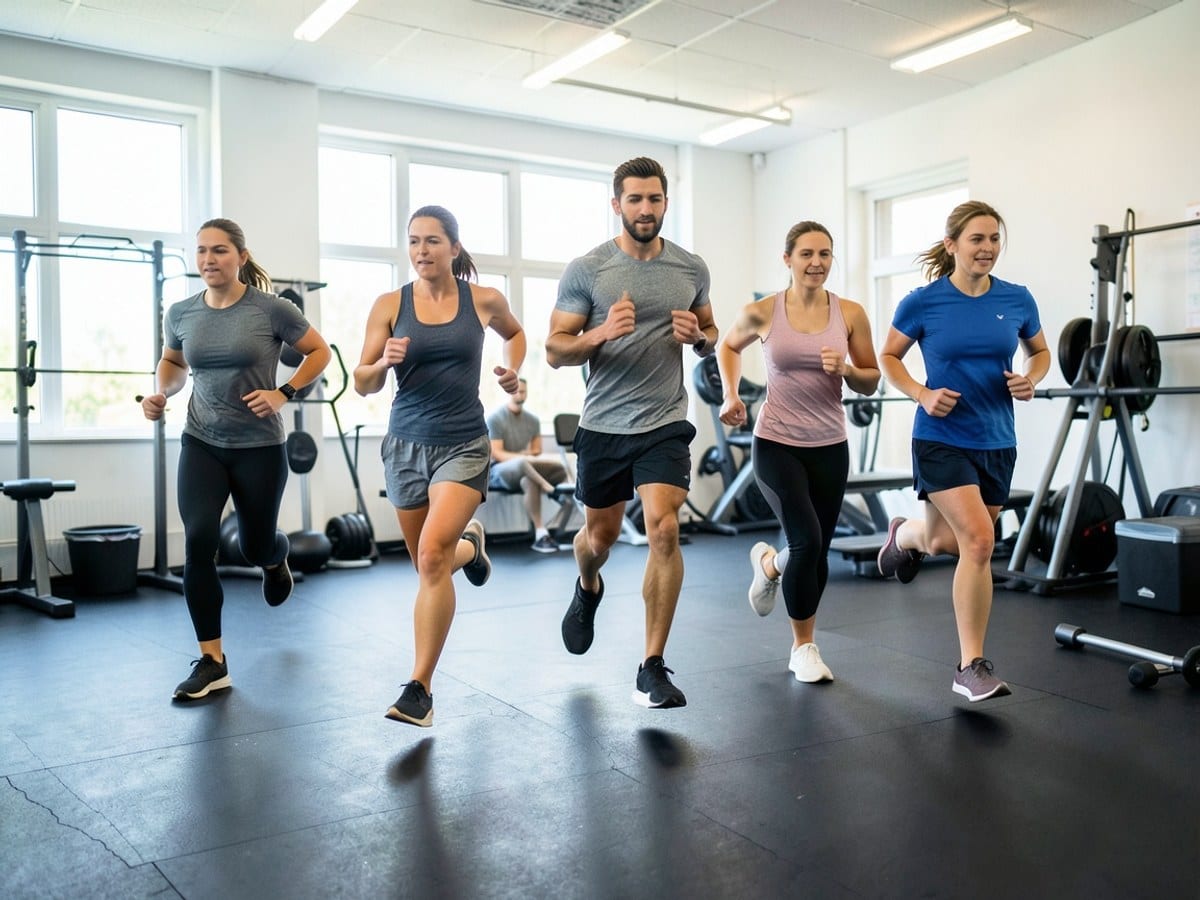 group of 6 individuals, dressed in athletic clothing, runs on a black floor in a brightly lit gym, adding motion to the otherwise still background.