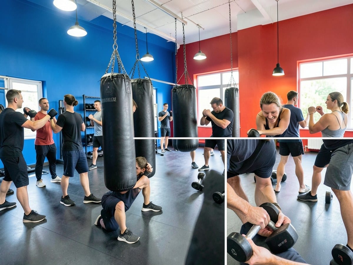gym with blue and red walls, illuminated by large lights, hosts a group of people working out with punching bags and dumbbells.